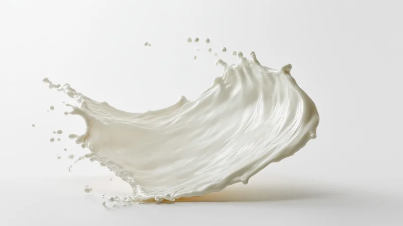 Milk splash captured in mid-air against a white background