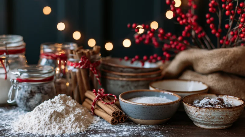 Holiday baking ingredients arranged on a dark wooden kitchen table with festive decorations and warm lights