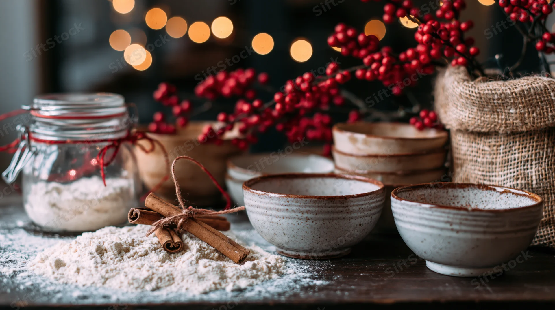 Holiday baking ingredients arranged on dark wooden kitchen table with festive decorations and warm lights in background