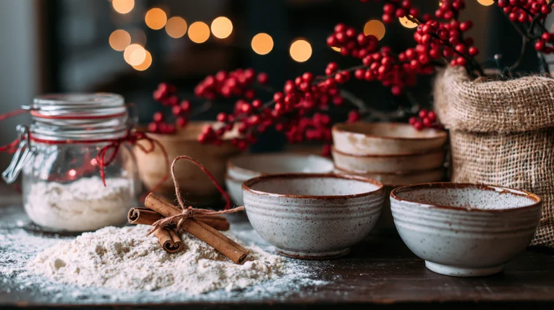 Holiday baking ingredients arranged on dark wooden kitchen table with festive decorations and warm lights in background