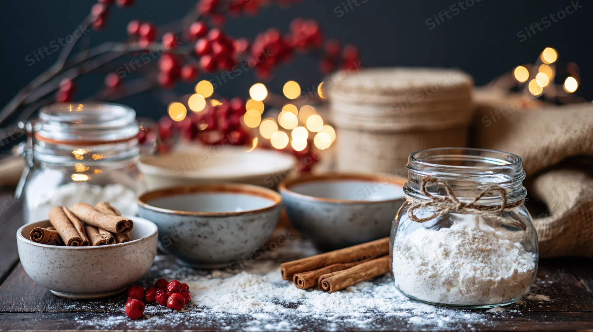 Holiday baking ingredients arranged on a dark wooden kitchen table with festive lights and red berries