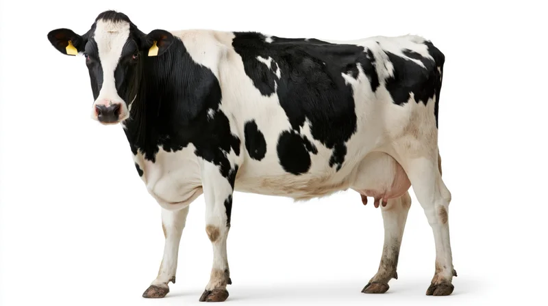 Holstein dairy cow standing in profile facing camera on white background