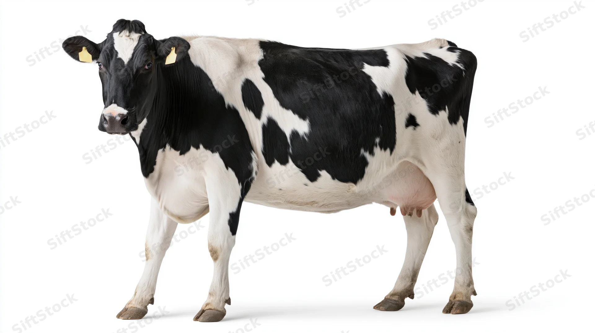 Holstein dairy cow standing and facing camera on white background