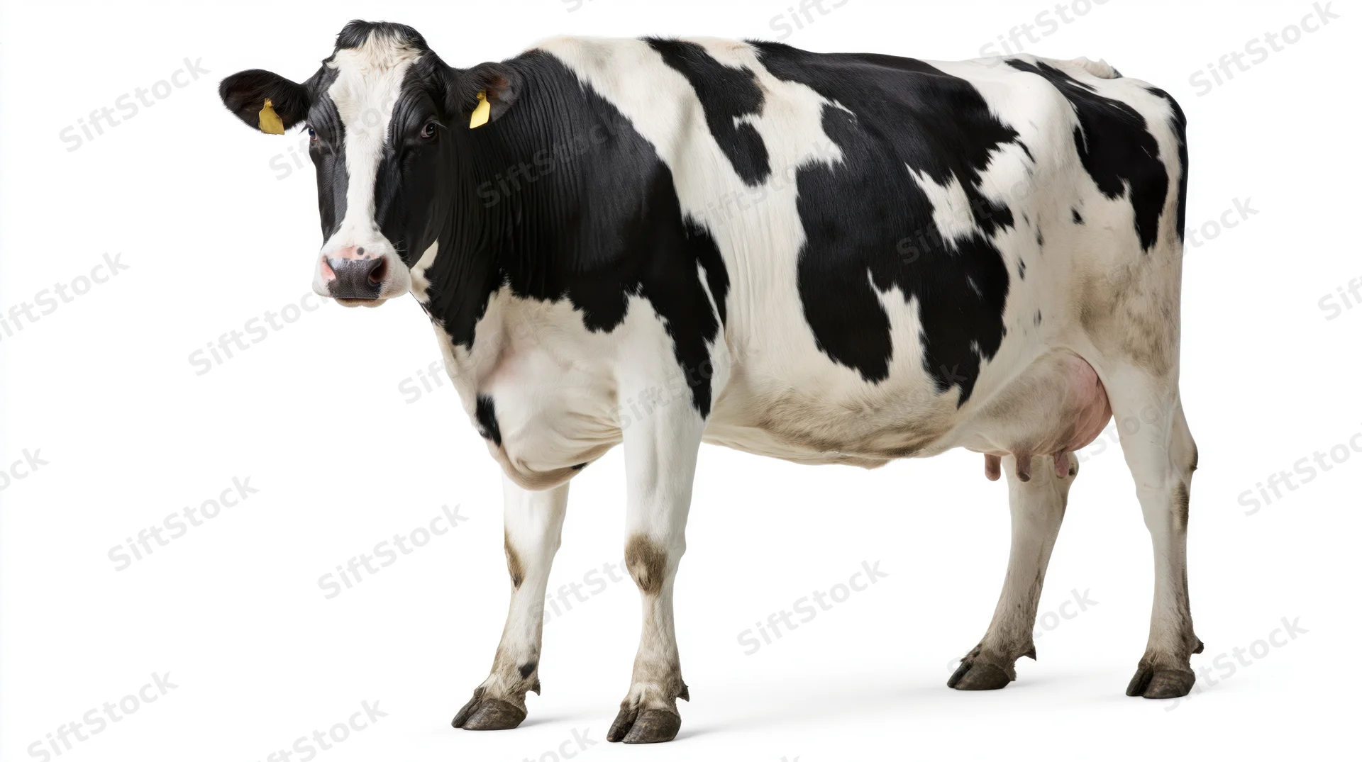 Holstein dairy cow standing and facing the camera on white background