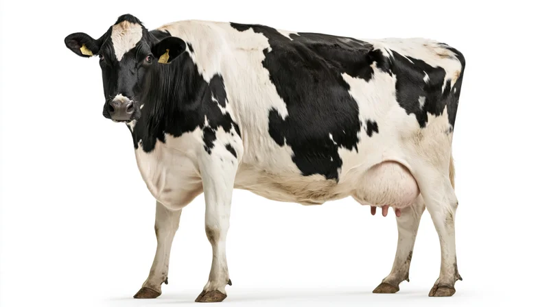 Holstein dairy cow standing and facing the camera on white background