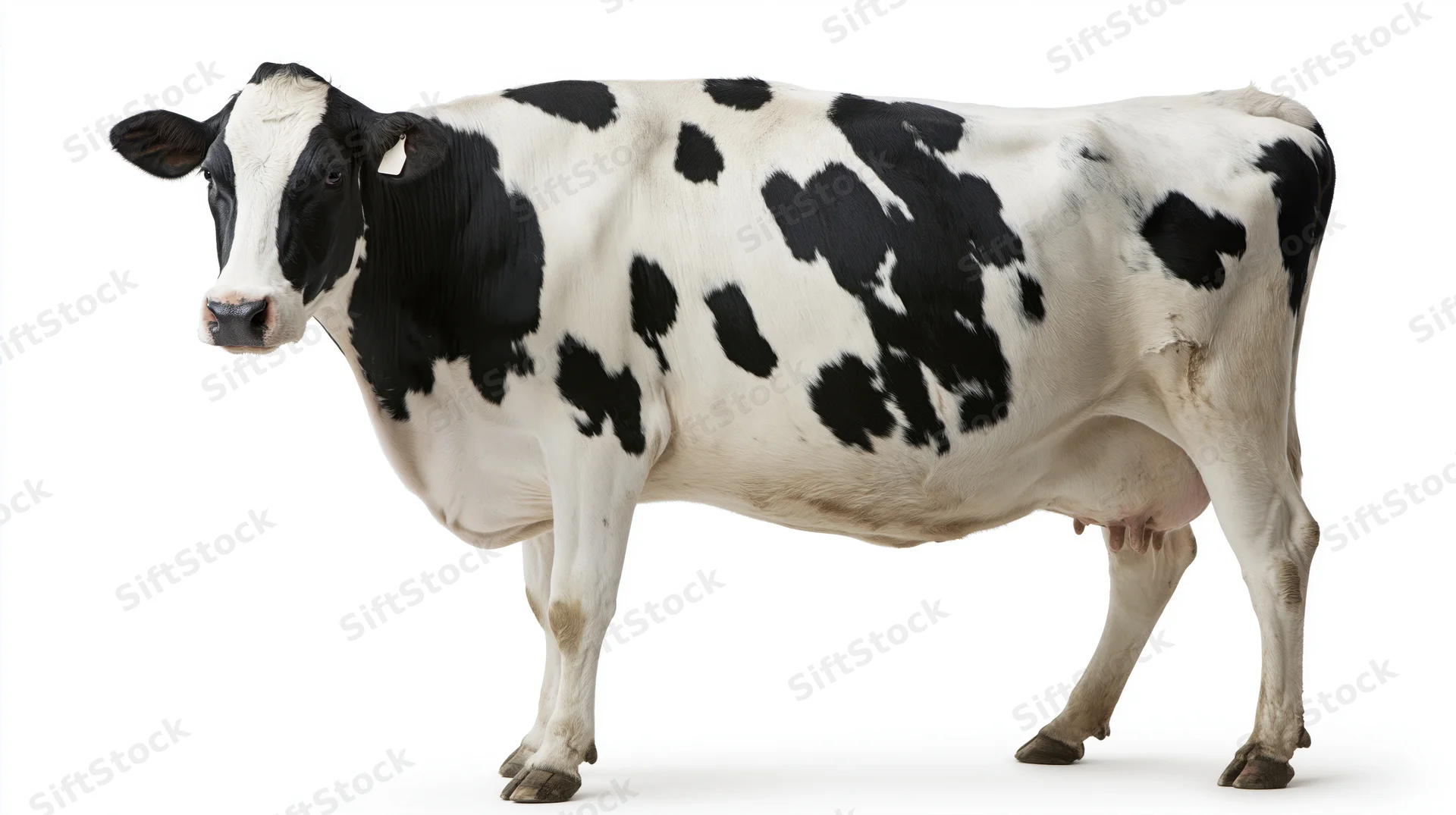Holstein dairy cow standing in three-quarter pose with head turned to side on white background