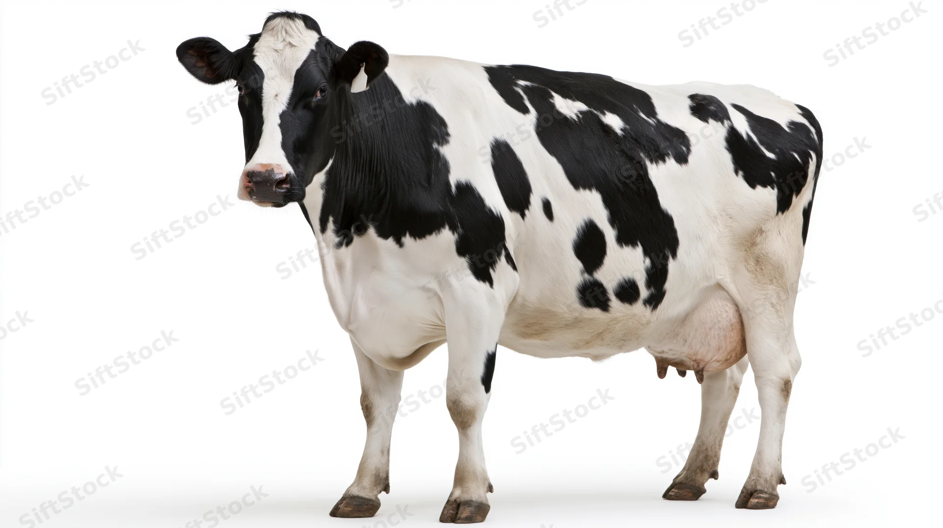 Holstein dairy cow standing in three-quarter pose with head turned toward camera on white background