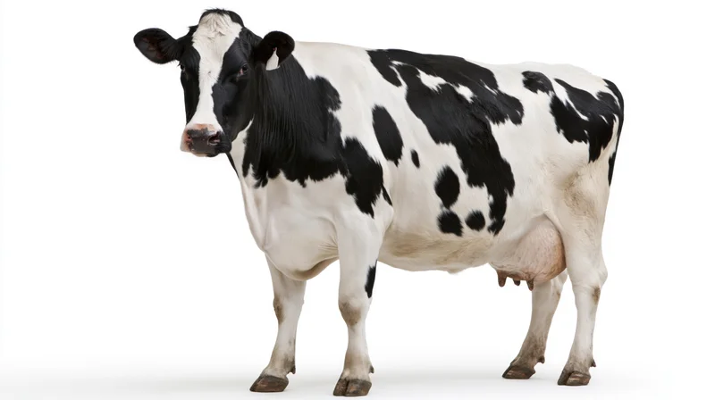Holstein dairy cow standing in three-quarter pose with head turned toward camera on white background