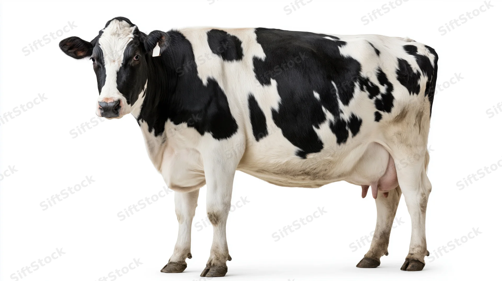 Holstein dairy cow standing in three-quarter pose with head turned toward camera on white background