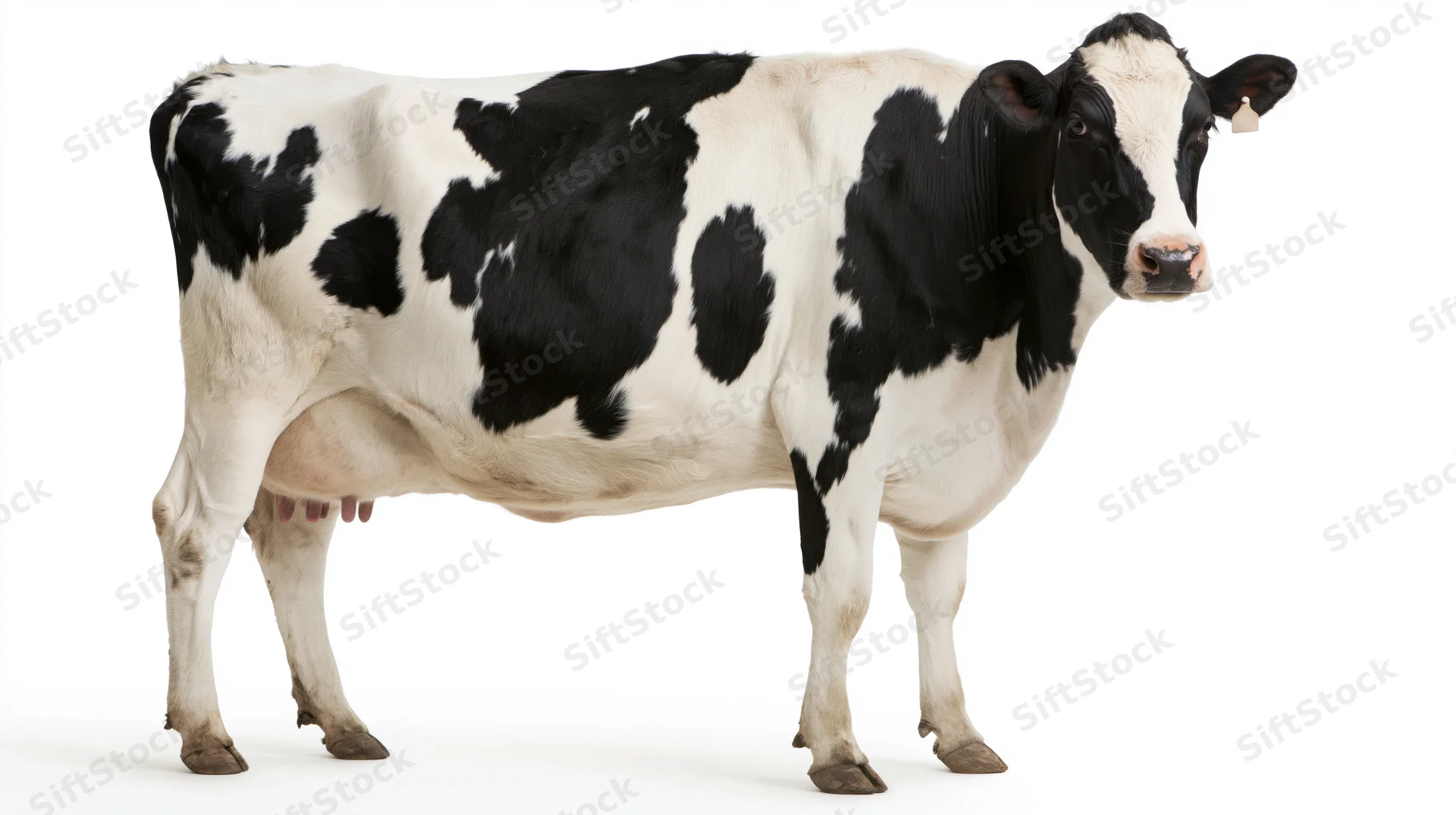 Holstein dairy cow standing in three-quarter pose with head turned toward camera on white background