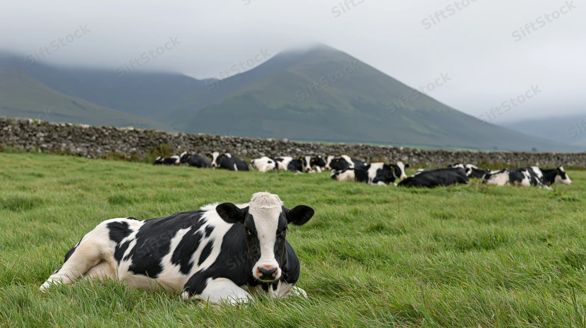 Holstein cow lying in a grassy pasture with a herd and mountains in the background