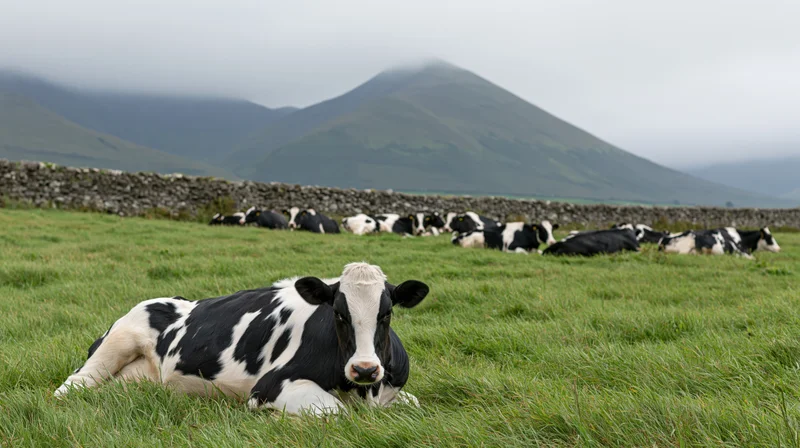 Holstein cow lying in a grassy pasture with a herd and mountains in the background