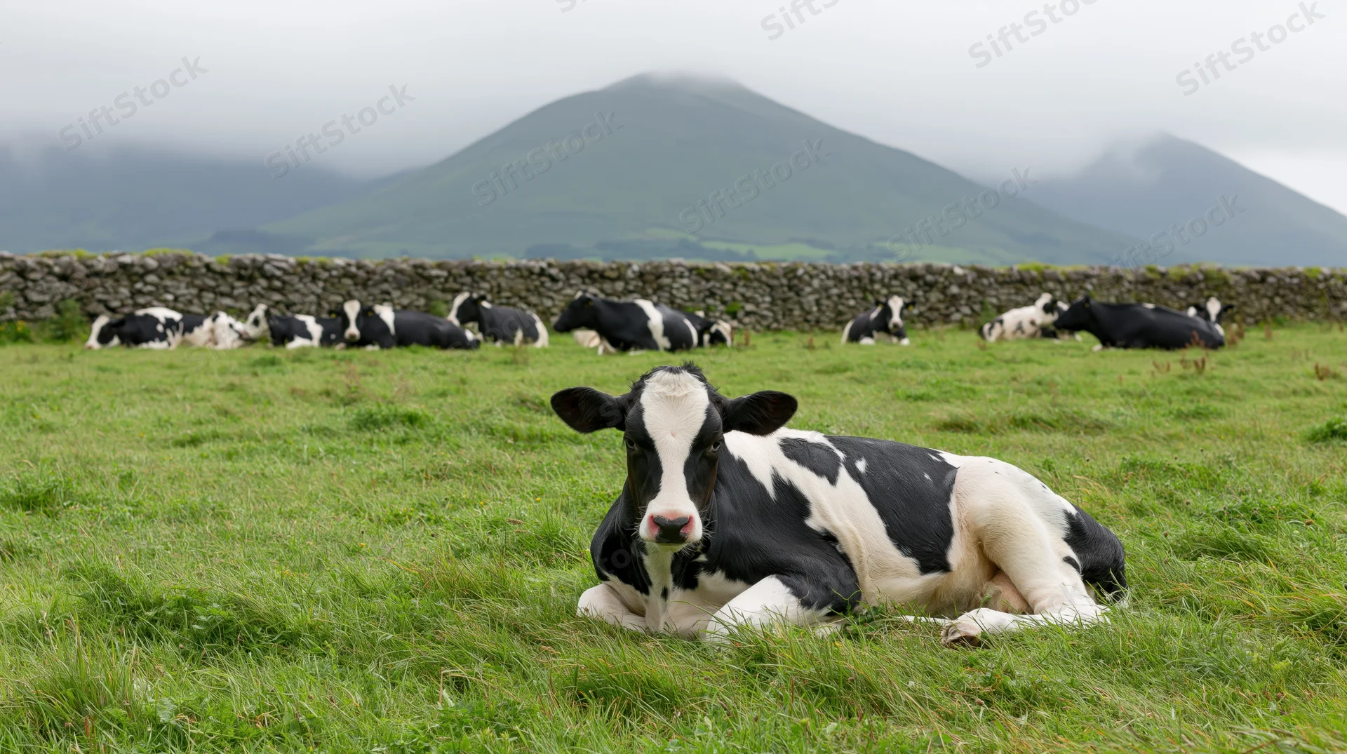 Holstein cow lying in a green pasture with a herd and stone wall in front of misty mountains