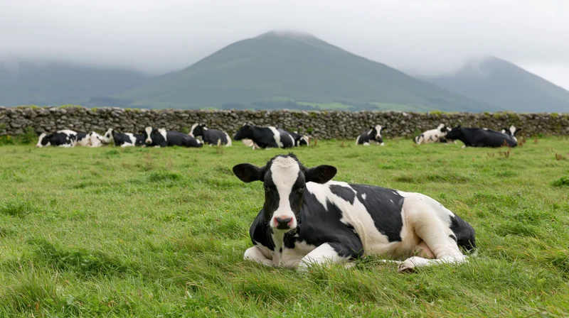 Holstein cow lying in a green pasture with a herd and stone wall in front of misty mountains