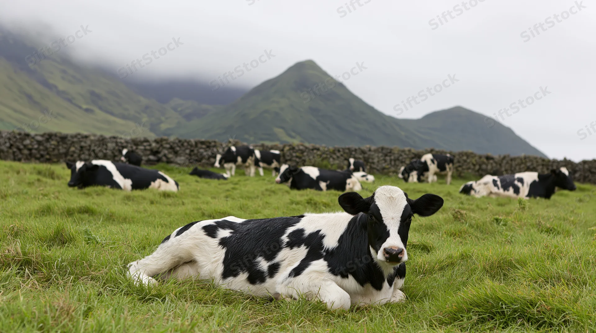 Holstein cow resting on lush green pasture with mountains in background