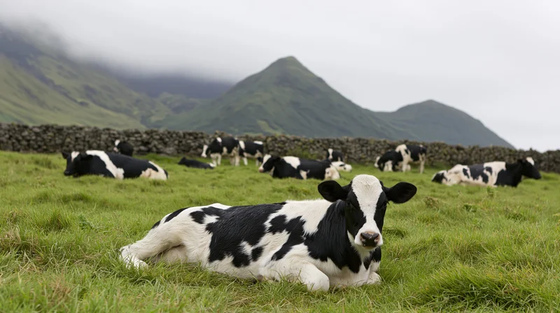 Holstein cow resting on lush green pasture with mountains in background