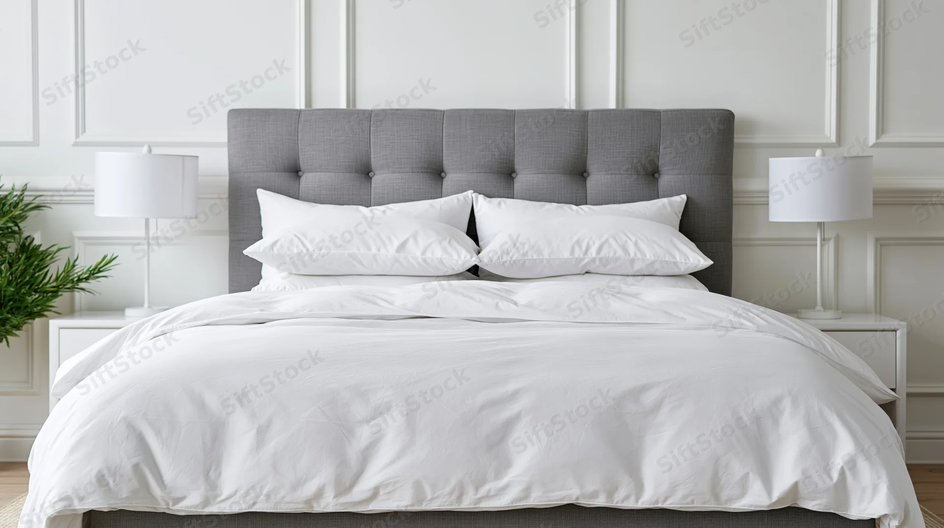 Neatly made hotel-style bed with white duvet and pillows against gray tufted headboard in modern bedroom
