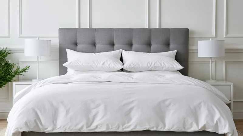 Neatly made hotel-style bed with white duvet and pillows against gray tufted headboard in modern bedroom