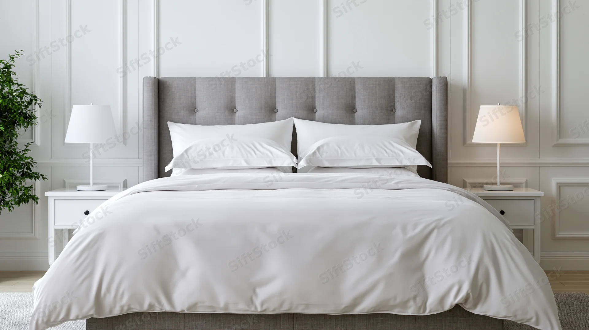 Hotel-style bed with white duvet and pillows flanked by lamps on nightstands in a minimalist bedroom