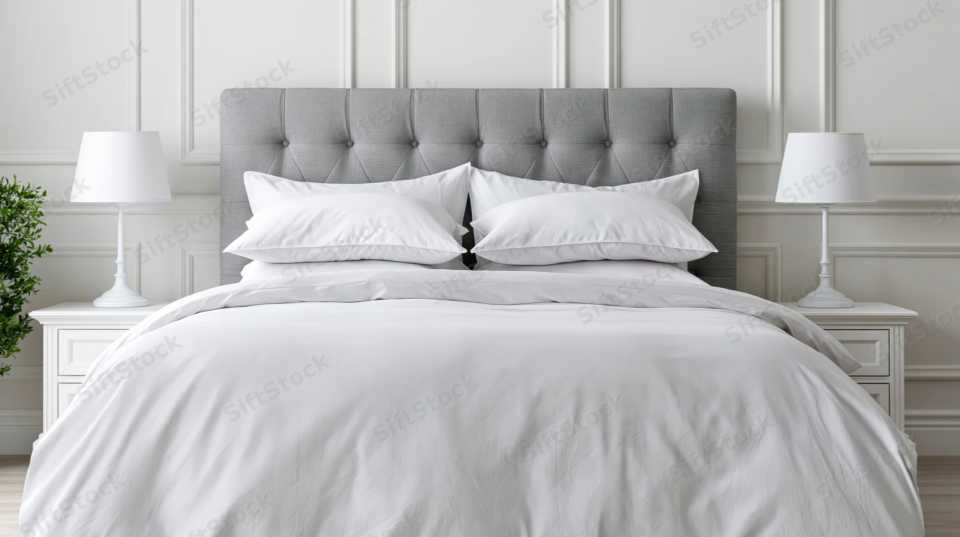 Neatly made hotel-style bed with white duvet and pillows flanked by lamps on nightstands against paneled wall