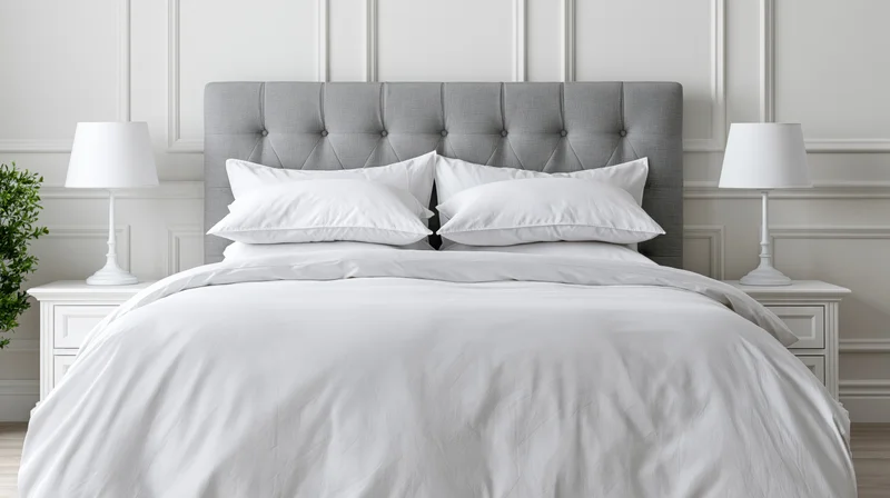 Neatly made hotel-style bed with white duvet and pillows flanked by lamps on nightstands against paneled wall