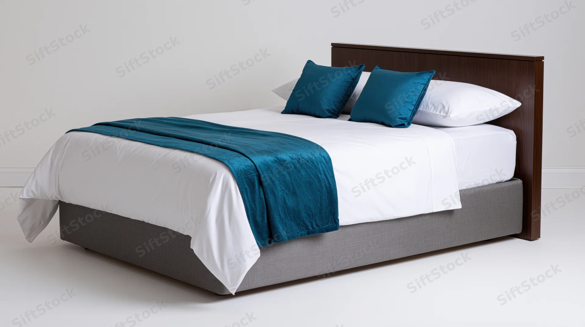 Double bed with white and blue bedding against plain white wall in studio setting