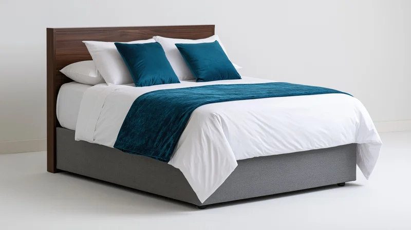 Double bed with white linens and teal accents against plain white background