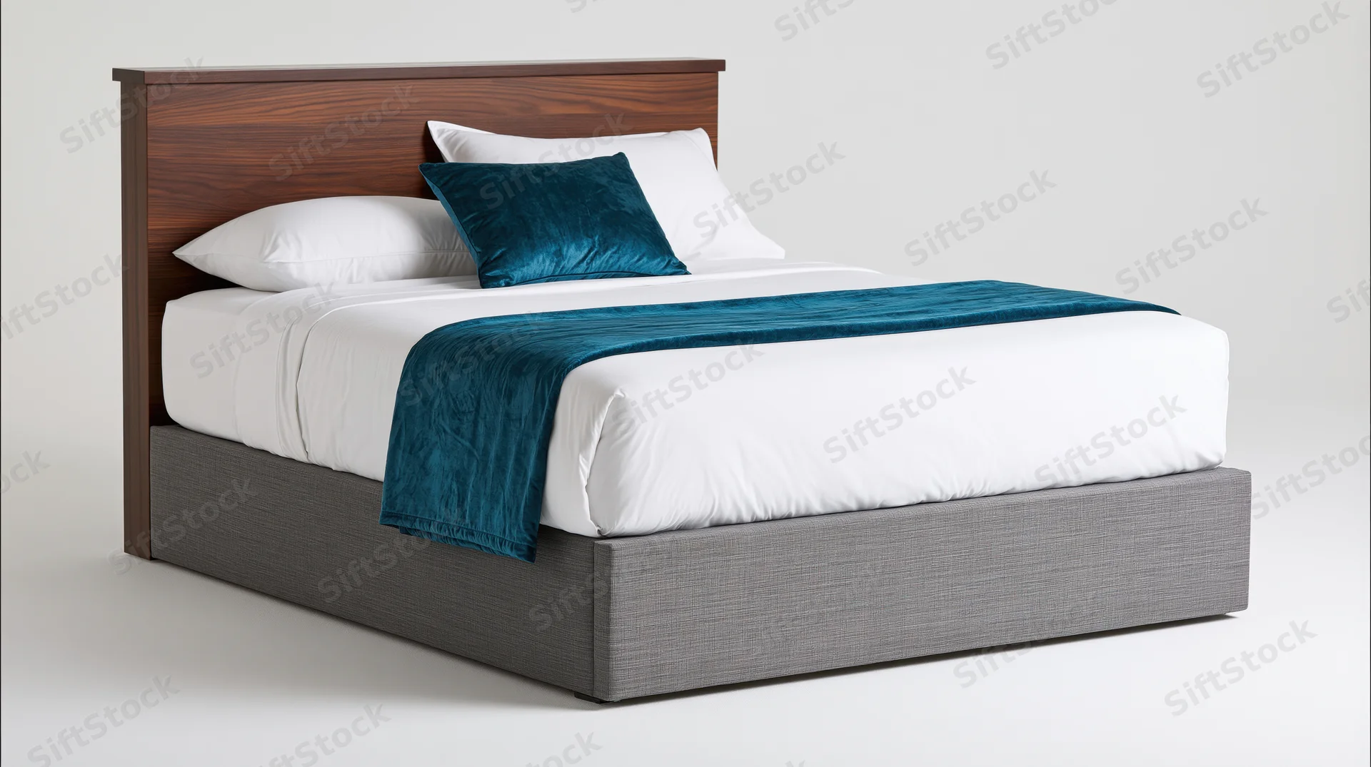 Queen bed with white linens and teal accent blanket against plain white background