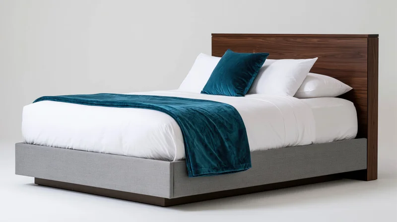 Queen bed with white linens and teal velvet throw against plain white background