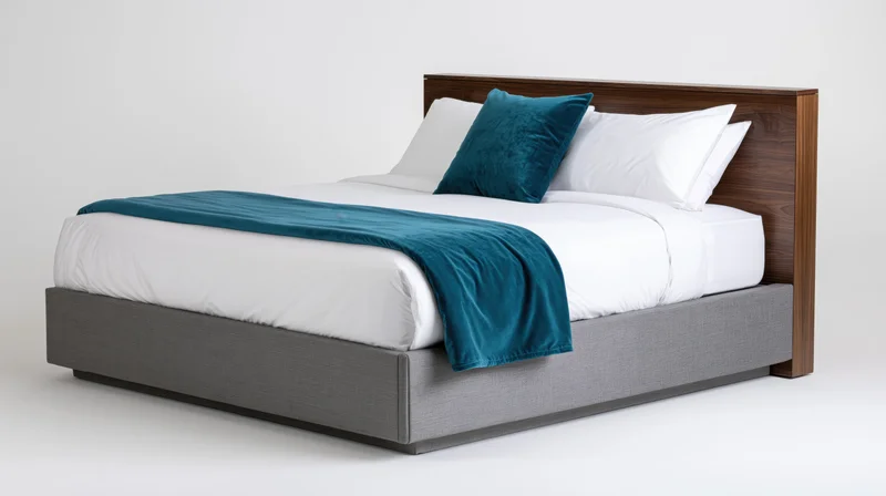 Queen bed with white bedding and teal velvet accents against plain white background