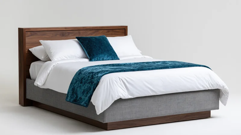 Queen bed with white bedding and teal throw on wooden frame against plain white background
