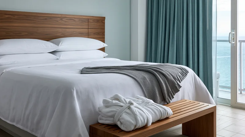 King bed with white pillows and folded robe on wooden bench in hotel room with ocean view through glass door