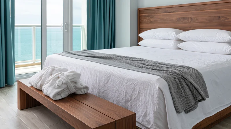 King bed with white pillows and wooden headboard in hotel room overlooking ocean through glass doors