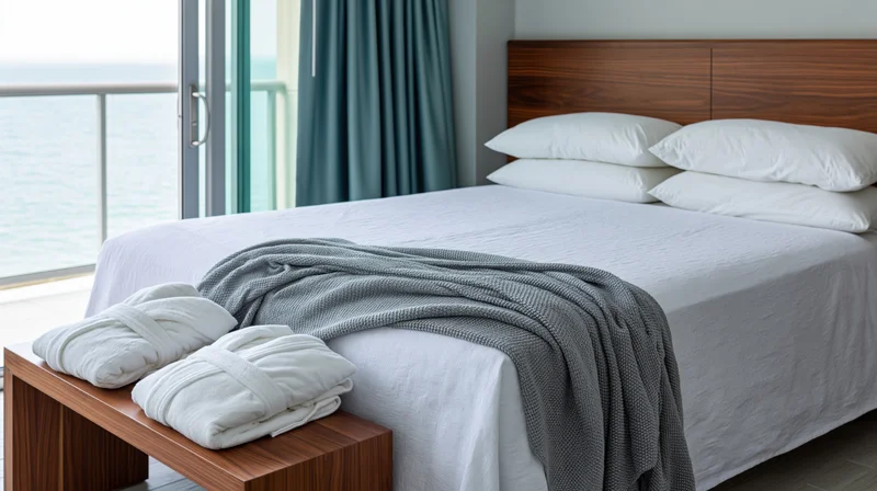 King bed with white pillows and folded robes on wooden bench in hotel room overlooking ocean