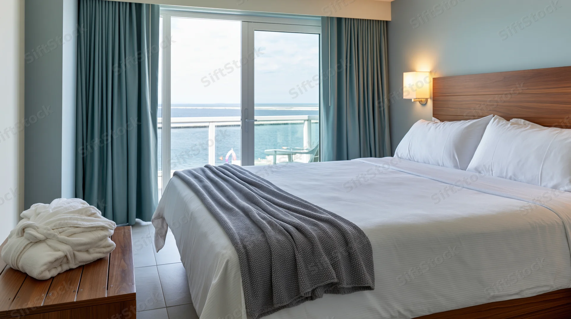 King-size bed with white linens in a hotel bedroom overlooking the ocean through a balcony window