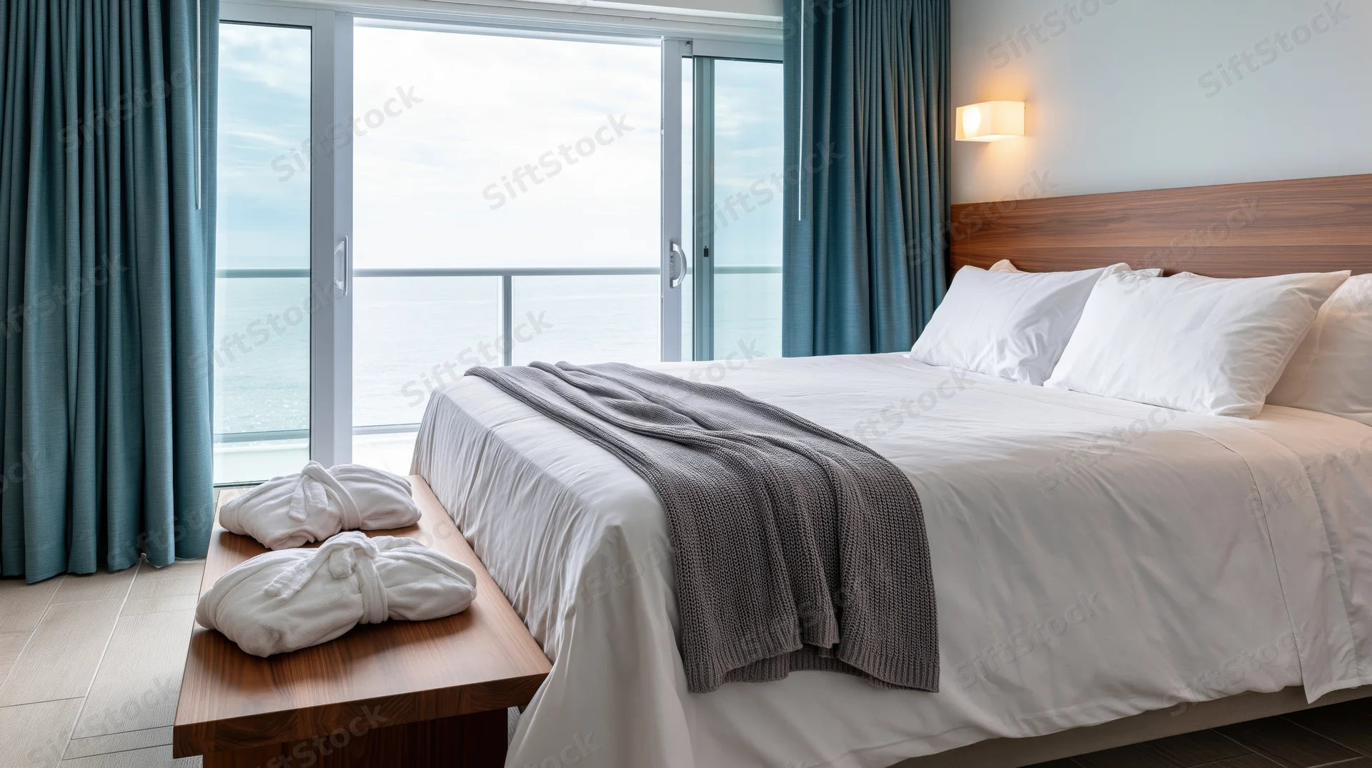 King-size bed with white linens in a hotel bedroom overlooking ocean through balcony doors