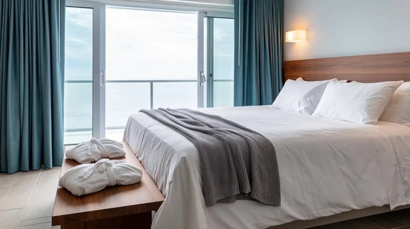 King-size bed with white linens in a hotel bedroom overlooking ocean through balcony doors