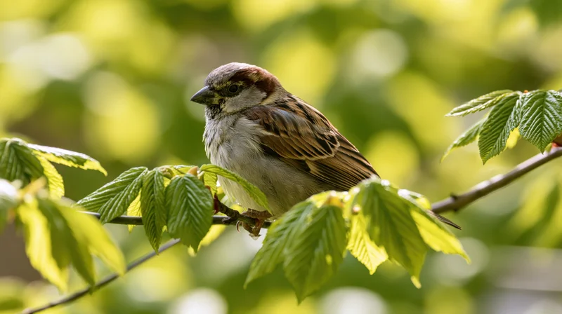 House sparrow perched on a thin branch surrounded by fresh green leaves in a sunlit tree
