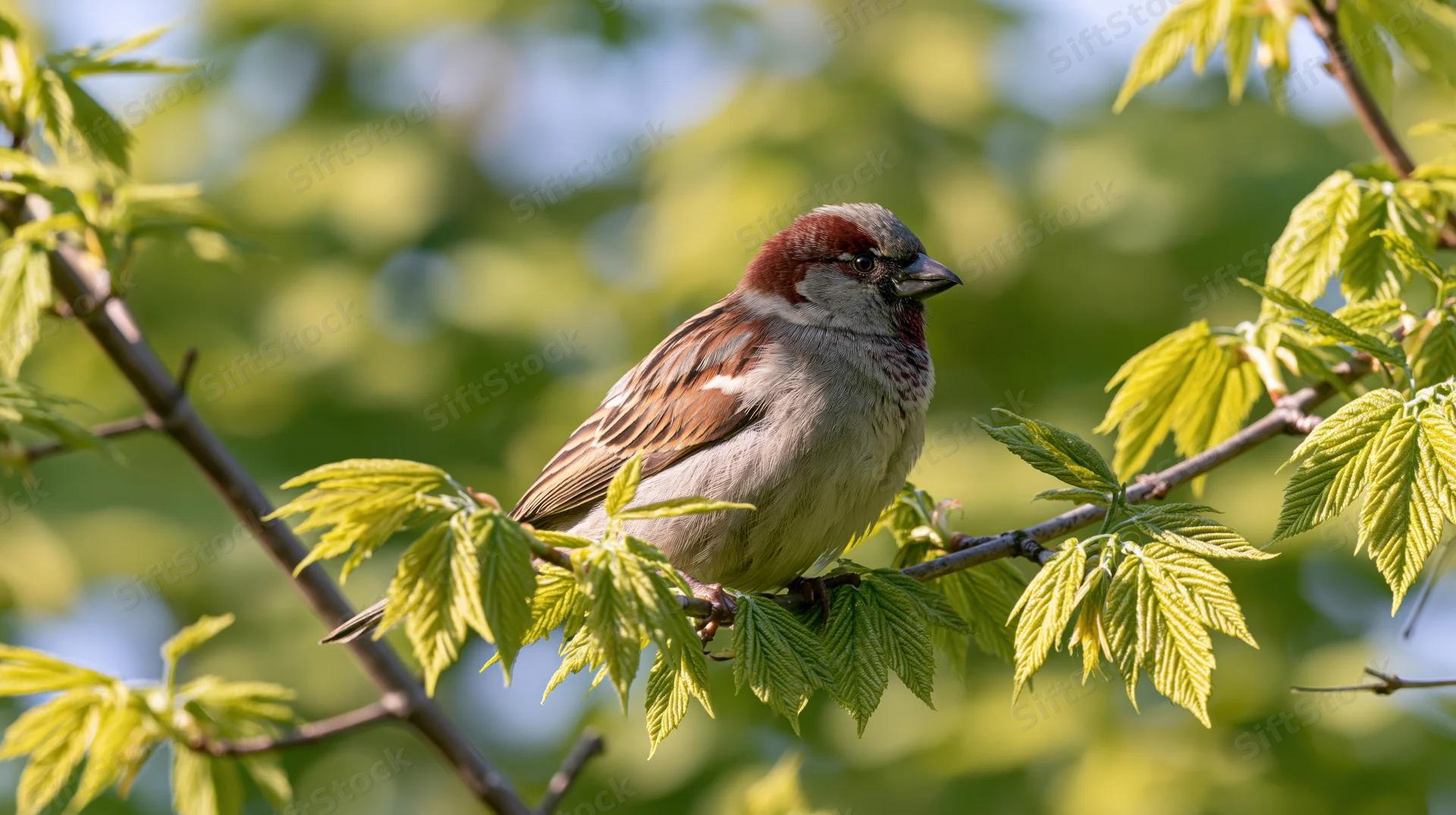 House sparrow perched on a thin branch surrounded by fresh green leaves in springtime