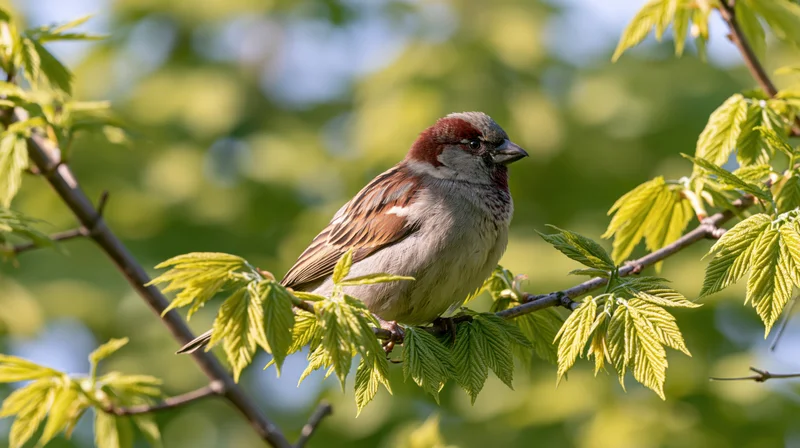 House sparrow perched on a thin branch surrounded by fresh green leaves in springtime