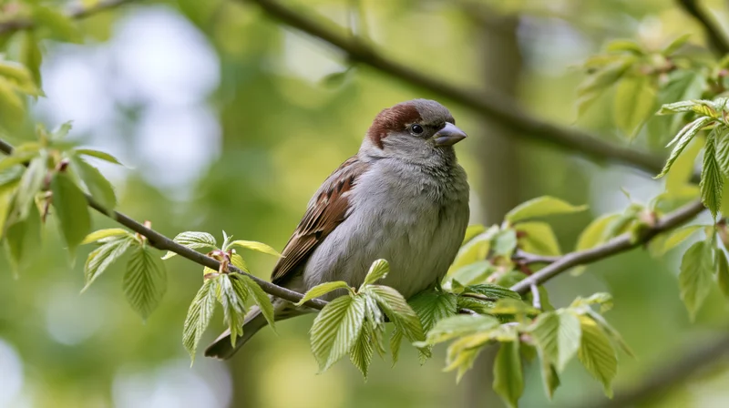 House sparrow perched on a thin branch surrounded by fresh green leaves in a tree