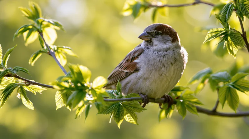 House sparrow perched on a thin branch surrounded by fresh green leaves in spring sunlight