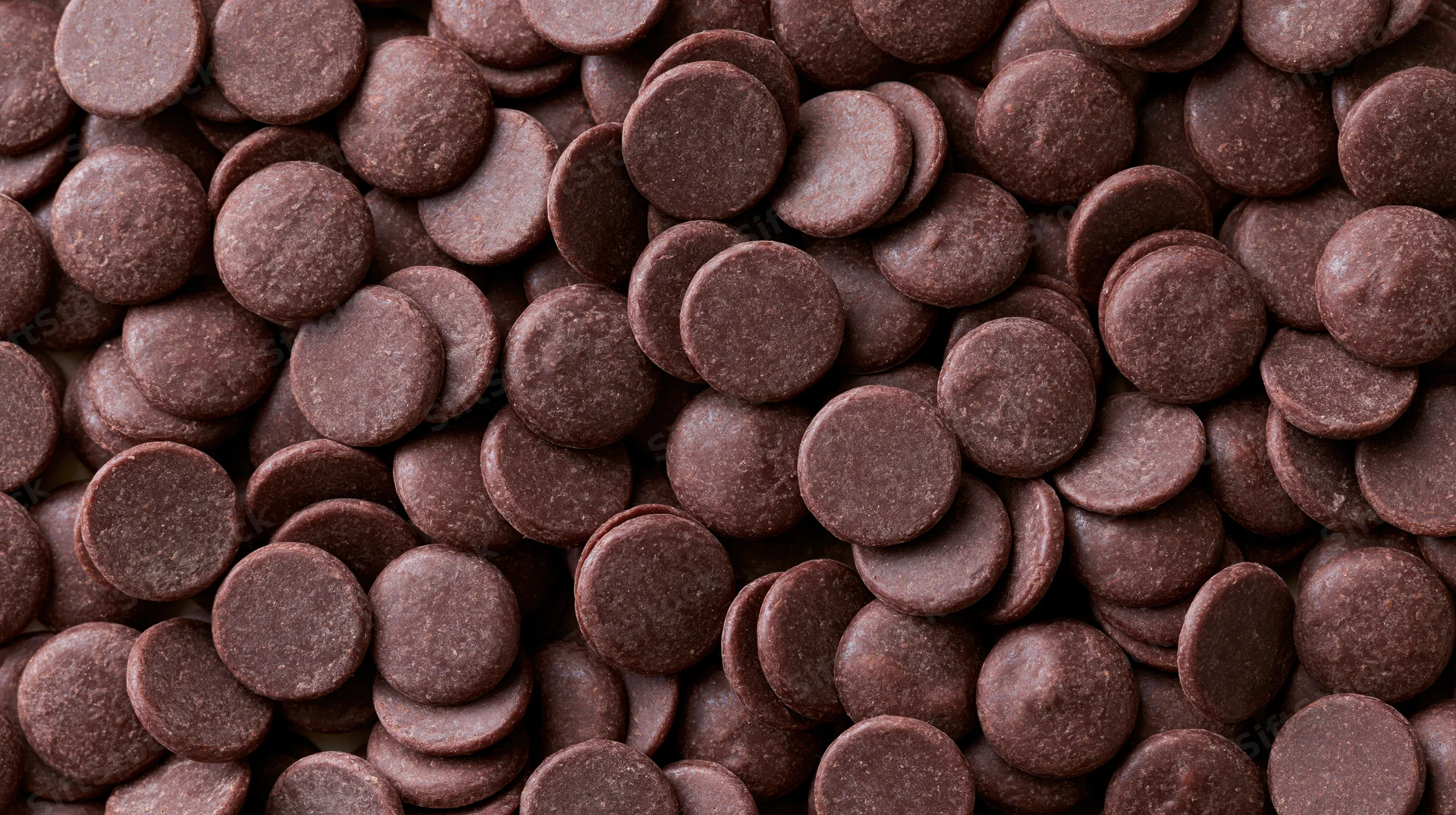 Closeup of dark chocolate couverture wafers densely scattered in a pile
