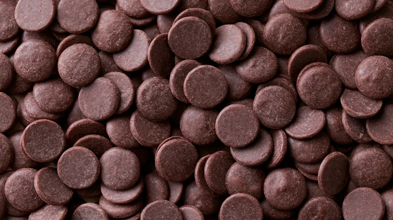 Closeup of dark chocolate couverture wafers densely scattered in a pile