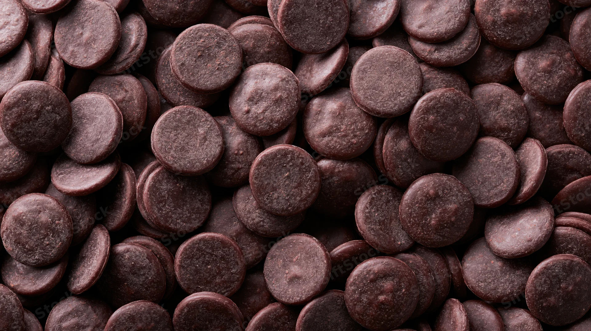 Closeup of dark chocolate couverture wafers densely scattered across a flat surface