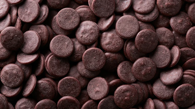Closeup of dark chocolate couverture wafers densely scattered across a flat surface