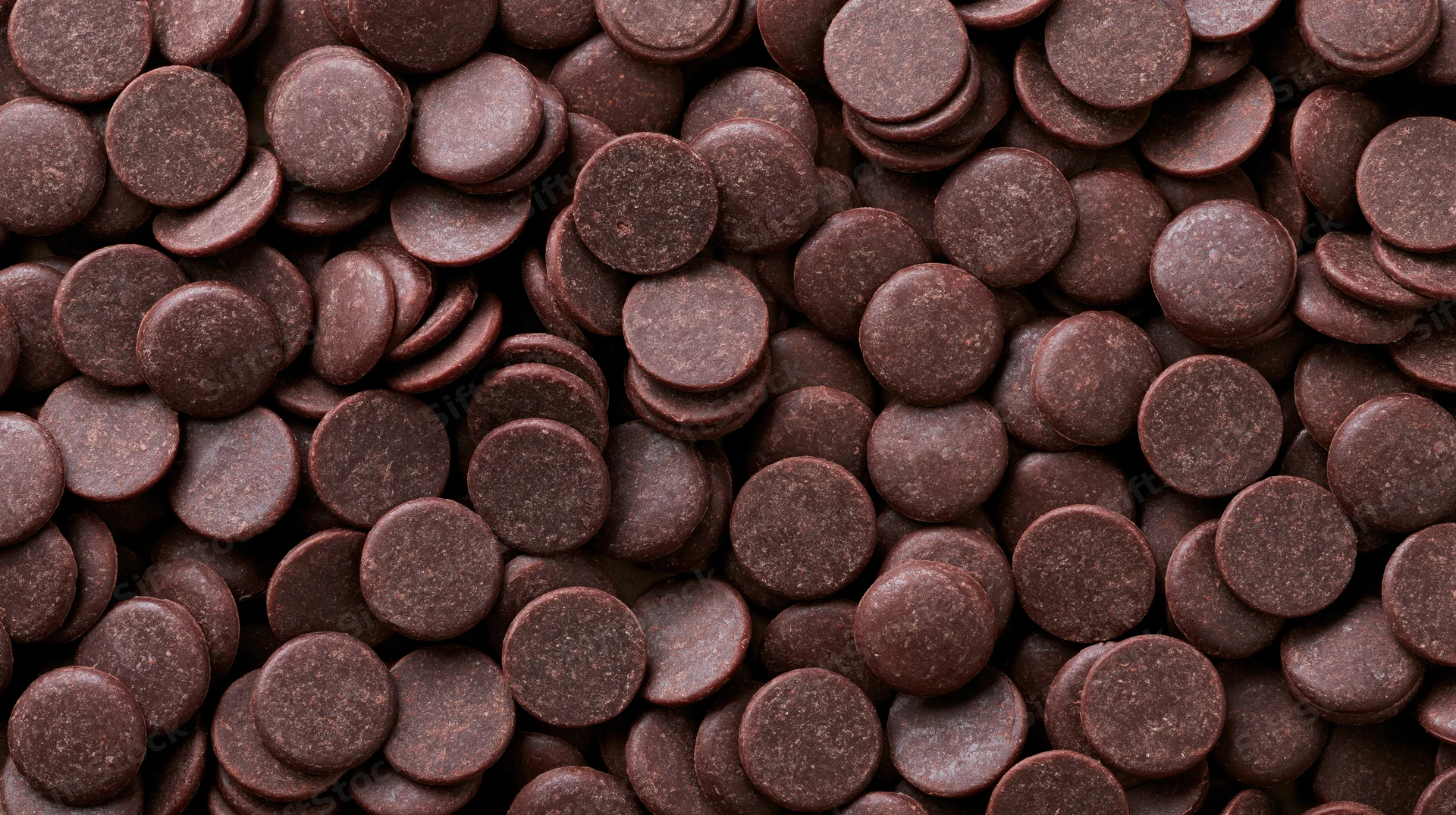Closeup of dark chocolate couverture wafers scattered densely across the frame