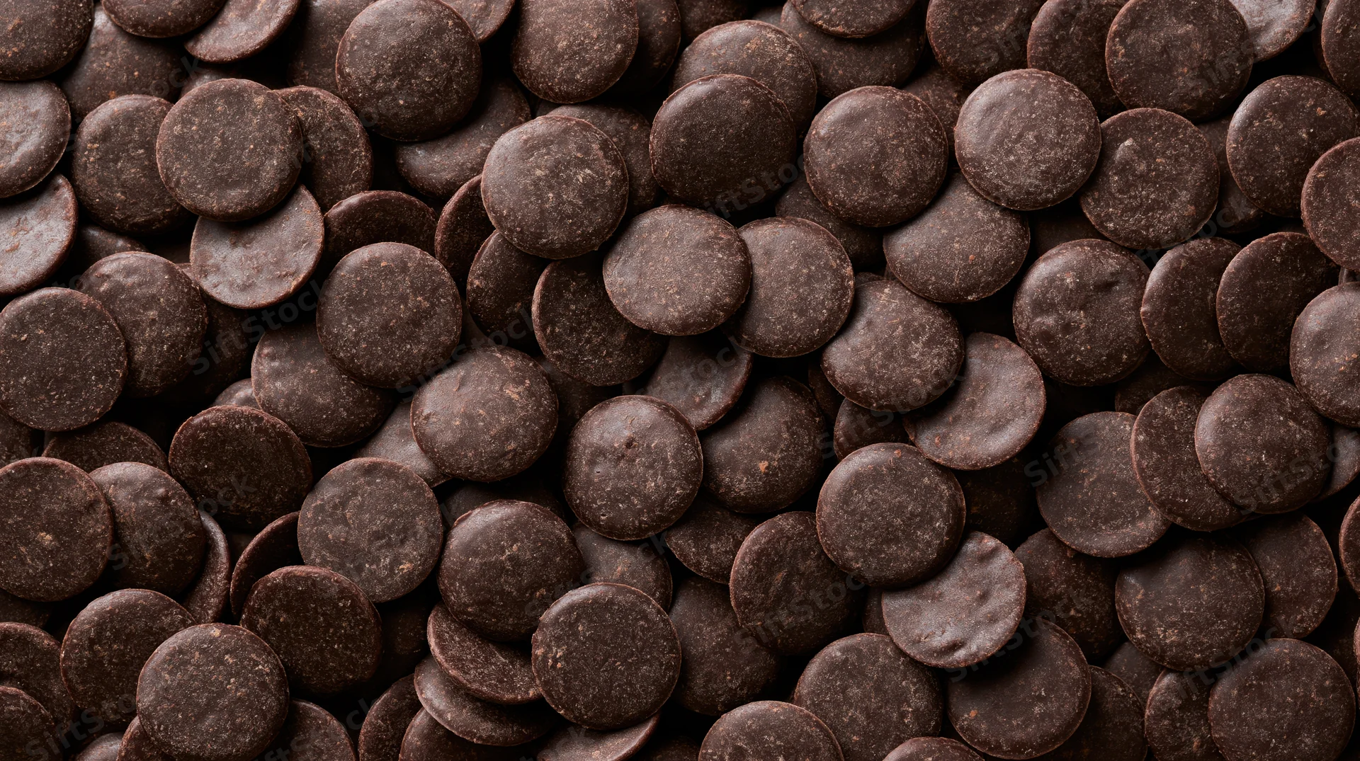 Closeup of dark chocolate couverture wafers scattered densely across the frame