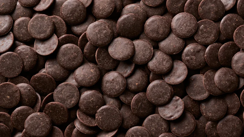 Closeup of dark chocolate couverture wafers scattered densely across the frame