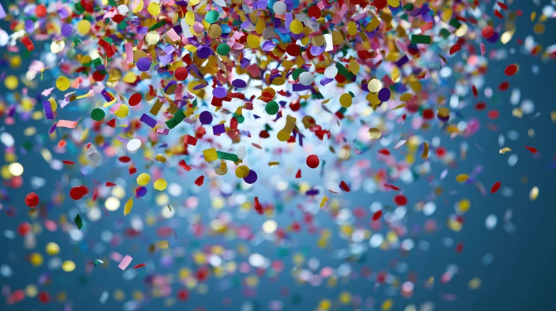 Multicolored paper confetti falling in mid-air against a blue background